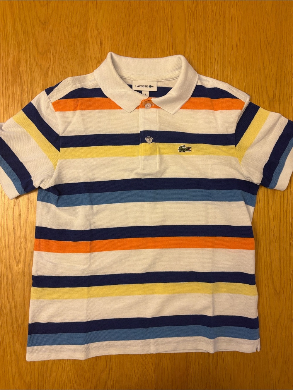 Lacoste White Polo with Navy, Orange, Yellow & Blue Stripes - size 8